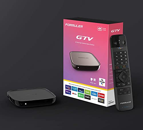 Formuler GTV 4K UHD Android 9.0 TV IP Lecteur multimédia H.265 HEVC, 16 Go Flash, 2 Go DDR4, télécommande Bluetooth, 2,4/5 GHz, Double Wi-FI, Gigabit LAN, Google Play, MYTV, Noir